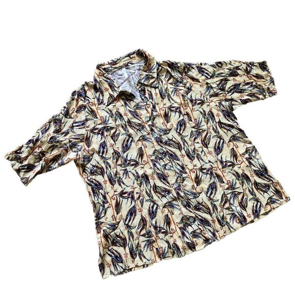 Blue Sky Linen Bamboo Button Up Women's Shirt Short Sleeve Blouse Floral - Picture 3 of 8